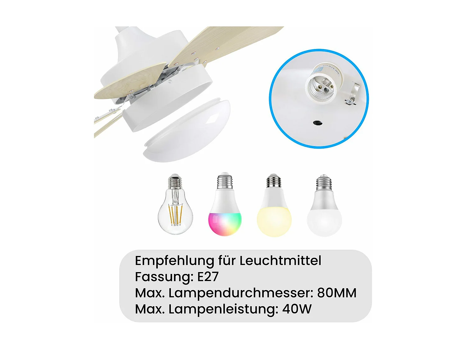 NETTLIFE Ventilateur de plafond blanc avec éclairage, télécommande, silencieux, avec minuterie, 6 pales, pour chambre à coucher