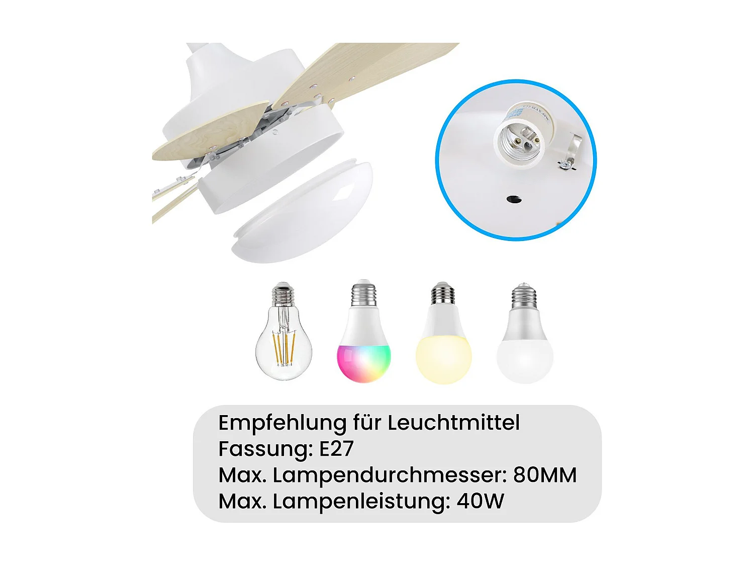 NETTLIFE Biały wentylator sufitowy ze światłami, pilotem, cichy, z timerem, 6 łopatkami, do sypialni