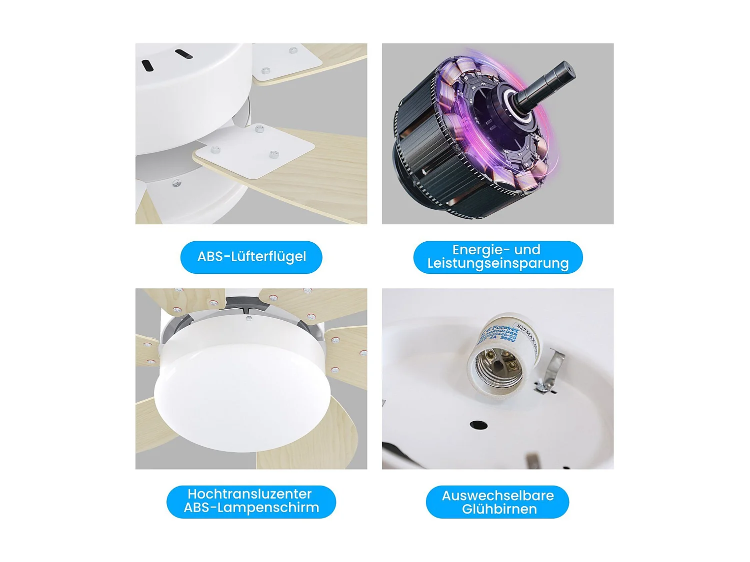 NETTLIFE Biały wentylator sufitowy ze światłami, pilotem, cichy, z timerem, 6 łopatkami, do sypialni