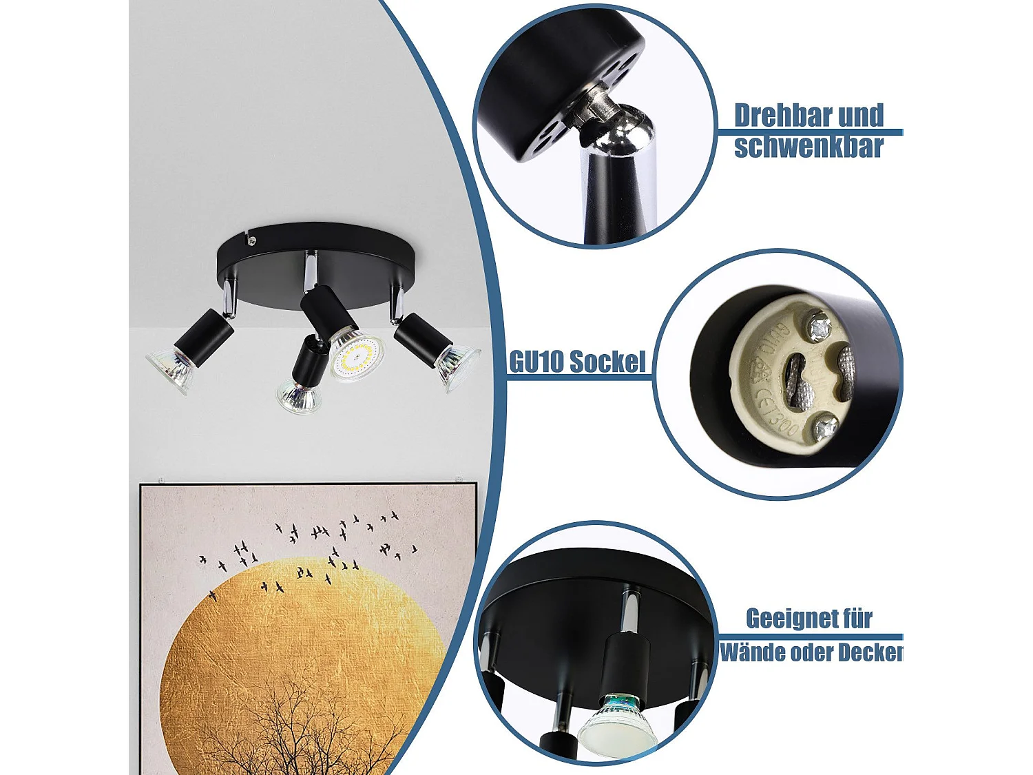 NETTLIFE 4 spots de plafond noir pivotants GU10 en métal lampe moderne pour salon cuisine couloir et salle à manger