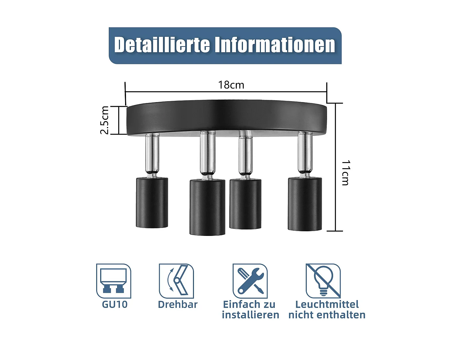 NETTLIFE 4 spots de plafond noir pivotants GU10 en métal lampe moderne pour salon cuisine couloir et salle à manger
