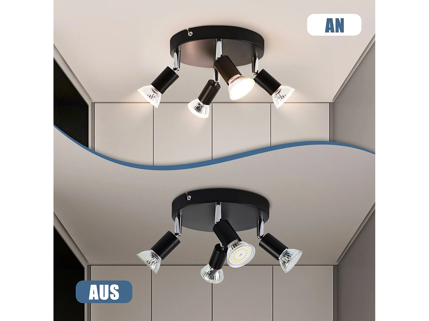 NETTLIFE 4 spots de plafond noir pivotants GU10 en métal lampe moderne pour salon cuisine couloir et salle à manger