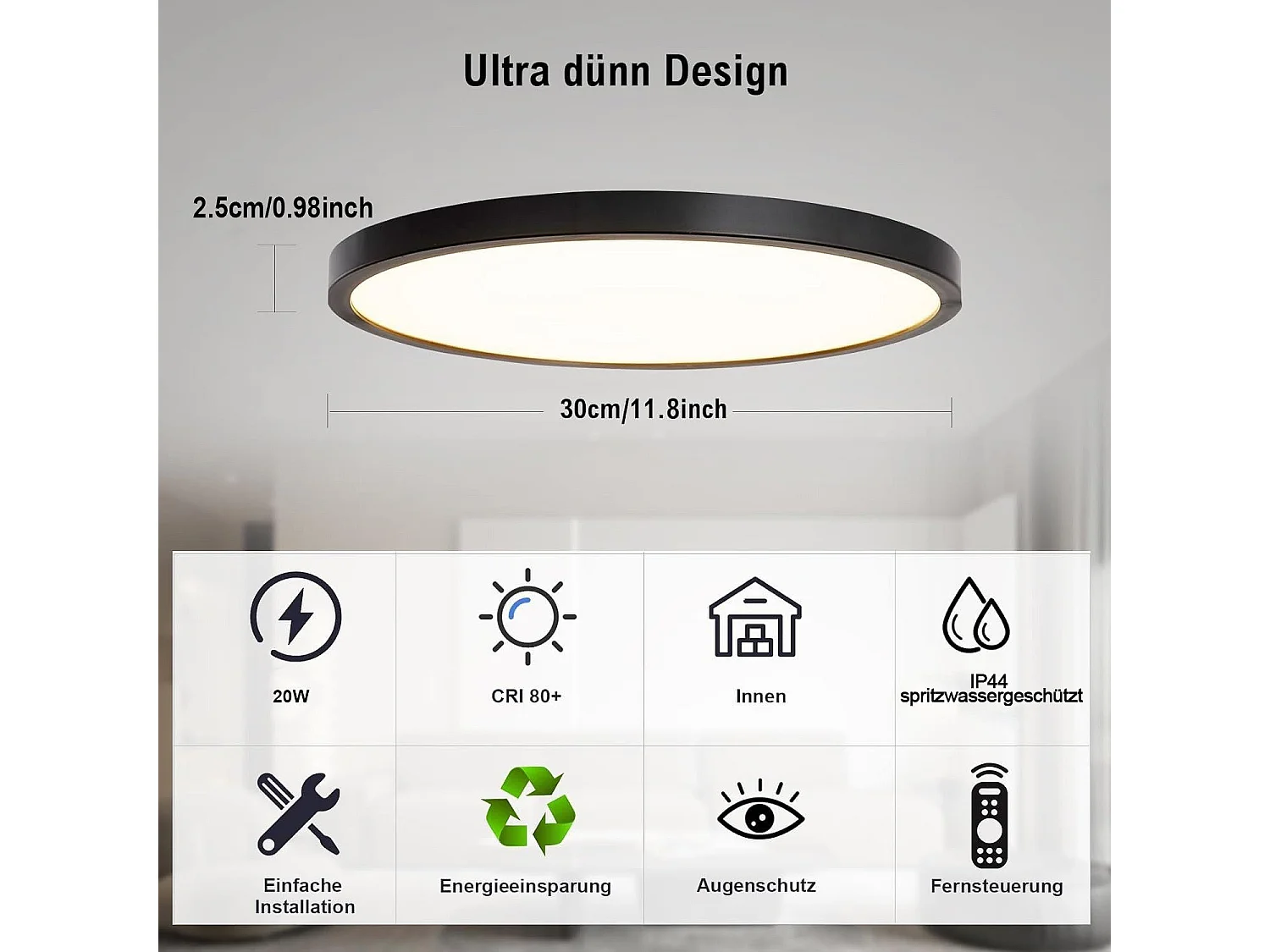 NETTLIFE Dimbare LED-plafondlamp 30 cm badkamerlamp 20 W ronde platte zwarte badkamerlamp met afstandsbediening IP44 waterdicht voor slaapkamer badkamer