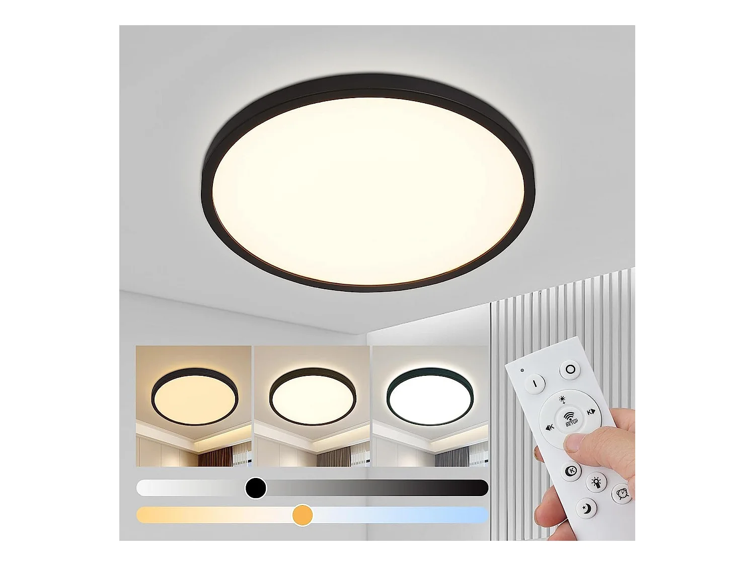 NETTLIFE Plafonnier LED Dimmable 30cm Lampe de Salle de Bain 20W Plat Noir Salle de Bain Ronde avec Télécommande IP44 Étanche pour Chambre Salle