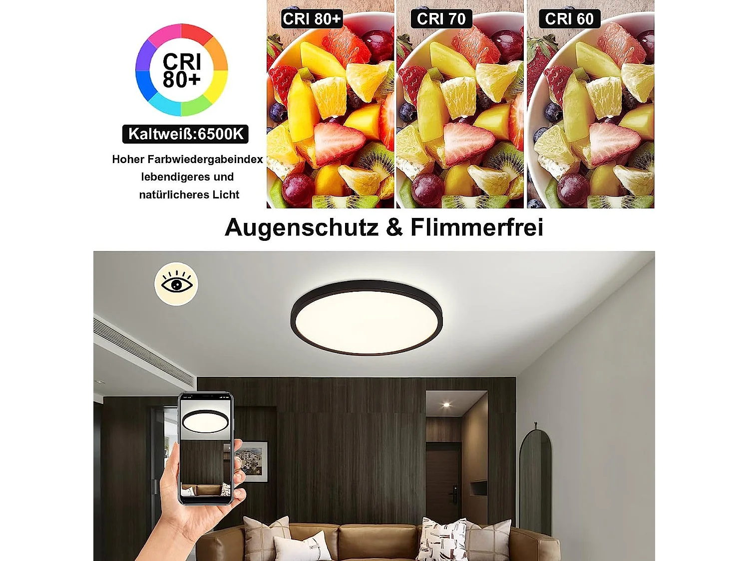 NETTLIFE Plafonnier LED Dimmable 30cm Lampe de Salle de Bain 20W Plat Noir Salle de Bain Ronde avec Télécommande IP44 Étanche pour Chambre Salle