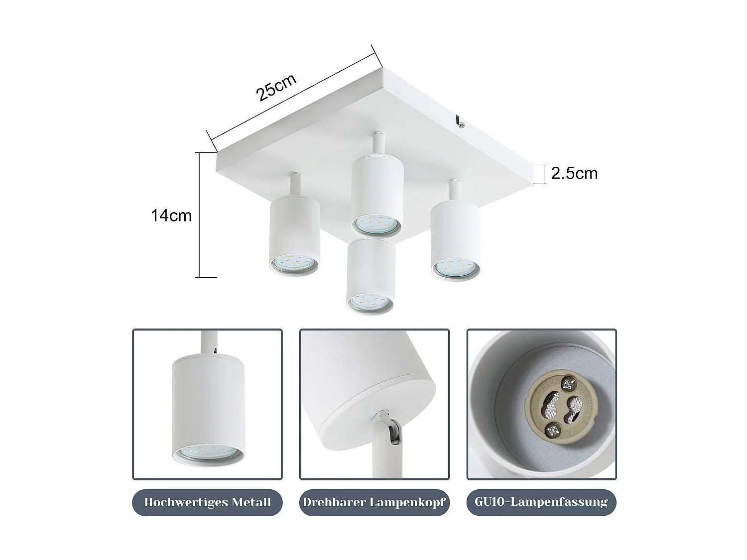 NETTLIFE Opbouwspot - plafondspot met 4 lichtpunten - spots - Wit Plafondlamp - L 25 cm - draaibar - kantelbaar - GU10 fitting - plafoniere - excl. GU10