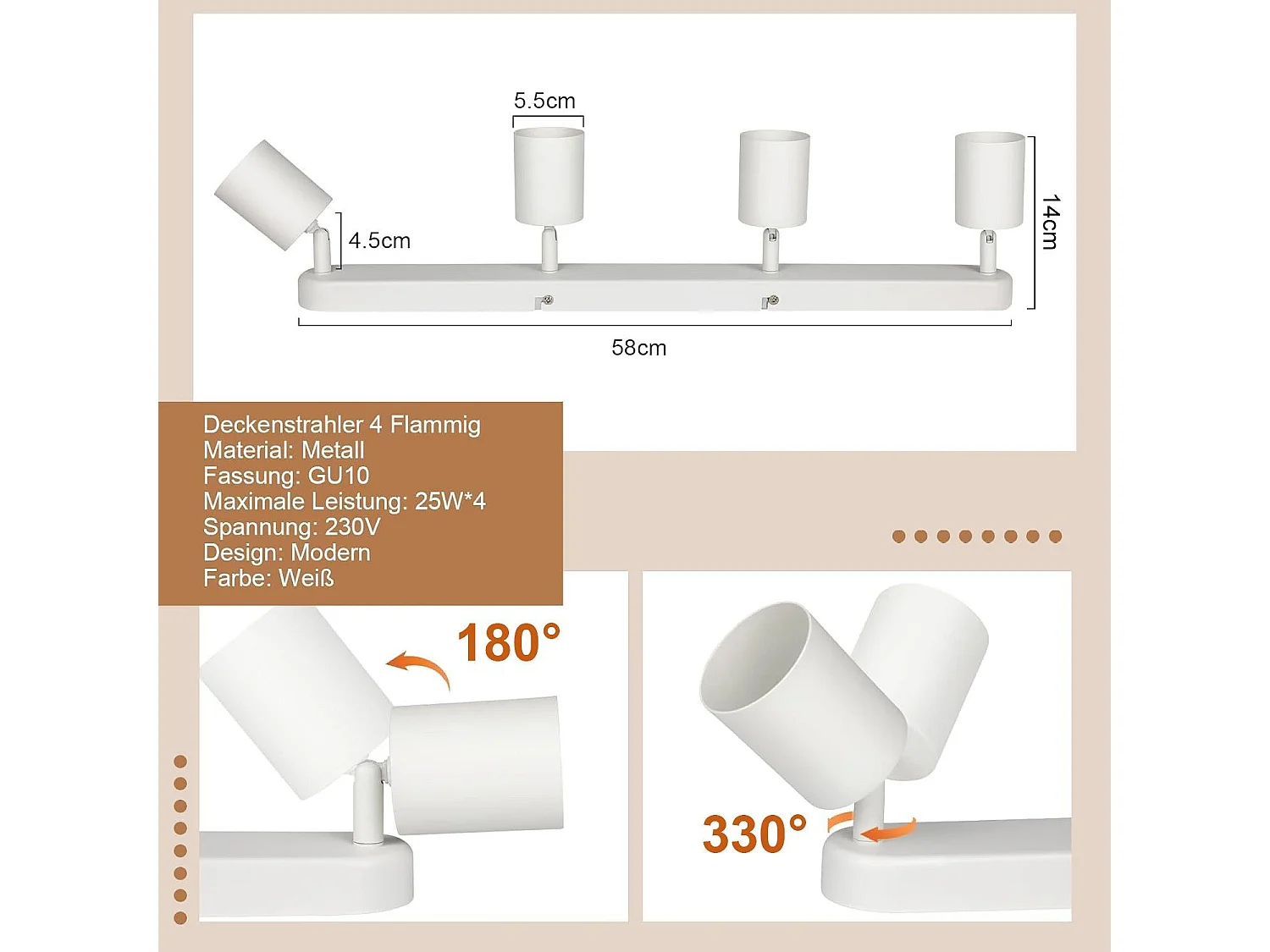 NETTLIFE 4 Spots de plafond GU10 design moderne orientables en blanc pour salon couloir chambre salle à manger cuisine