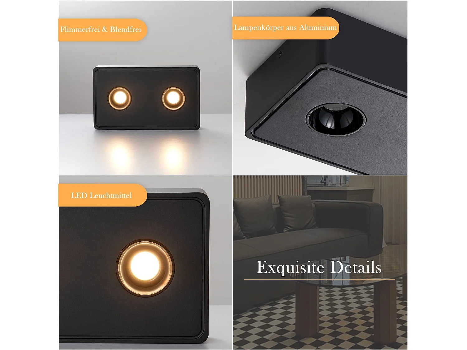 NETTLIFE 2 Spots de plafond LED en saillie noir 11W carrés blanc chaud pour salon couloir chambre salle à manger cuisine restaurant