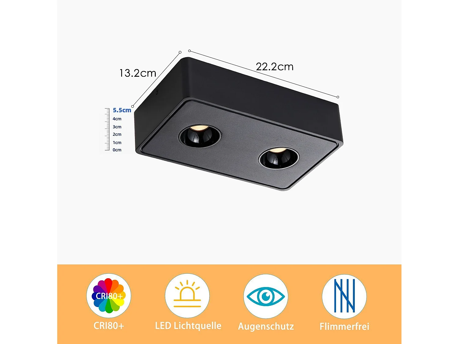 NETTLIFE 2 Spots de plafond LED en saillie noir 11W carrés blanc chaud pour salon couloir chambre salle à manger cuisine restaurant