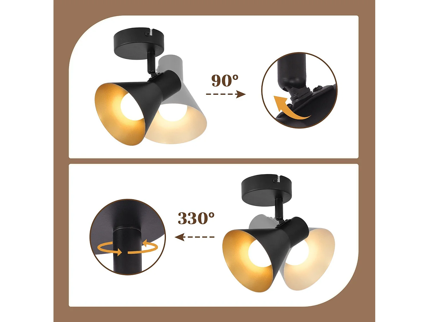 NETTLIFE Spots E14 Noir rétro Pivotant 350°en métal Spot Murale Lampe de Couloir pour Chambre Salon Escalier