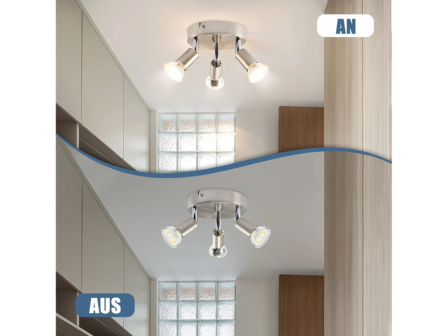 NETTLIFE 3 spots de plafond GU10 orientables à 350° en métal nickel rond, lampe moderne pour salon chambre cuisine salle à manger, max 3x25W