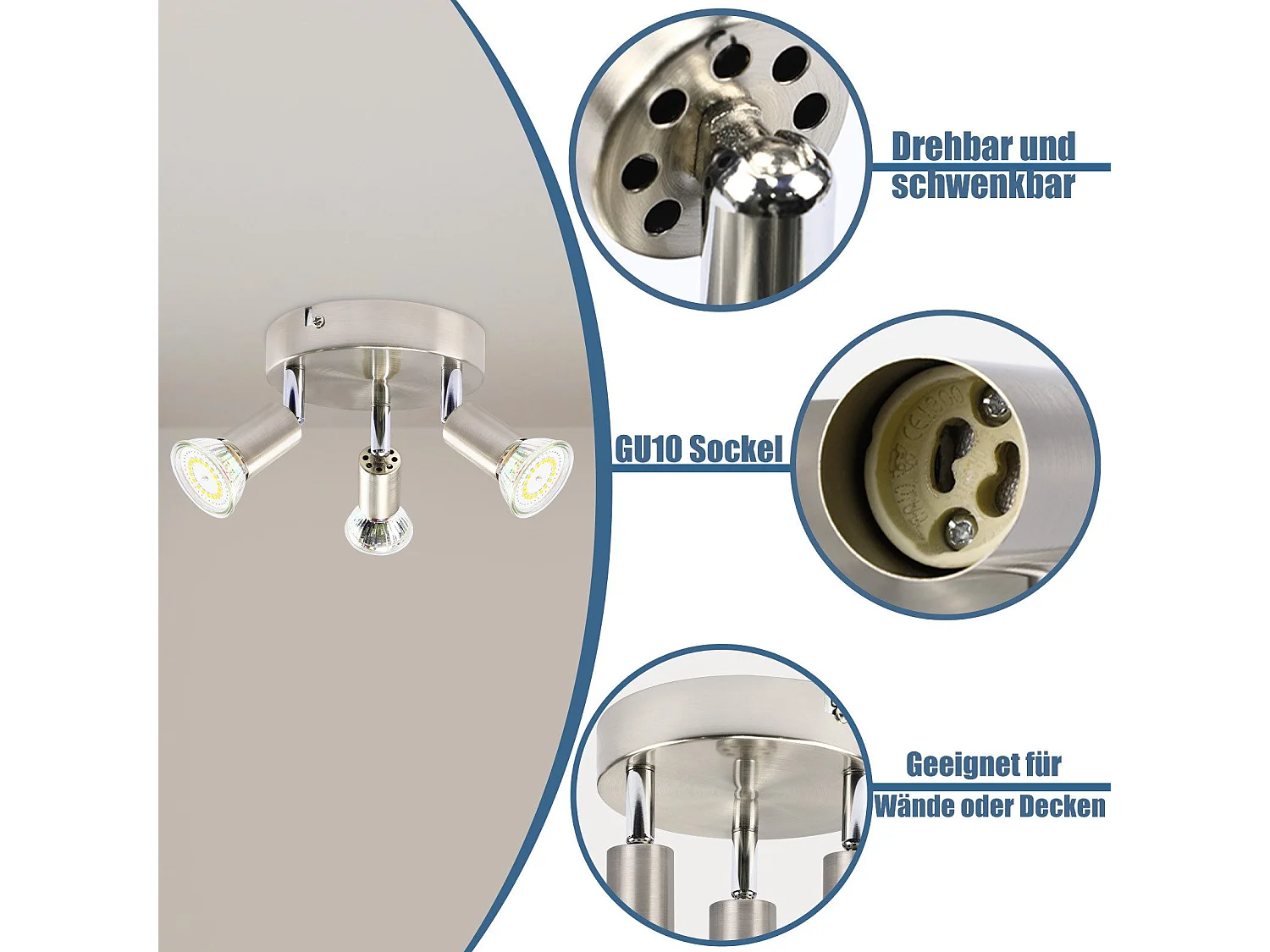 NETTLIFE 3 spots de plafond GU10 orientables à 350° en métal nickel rond, lampe moderne pour salon chambre cuisine salle à manger, max 3x25W