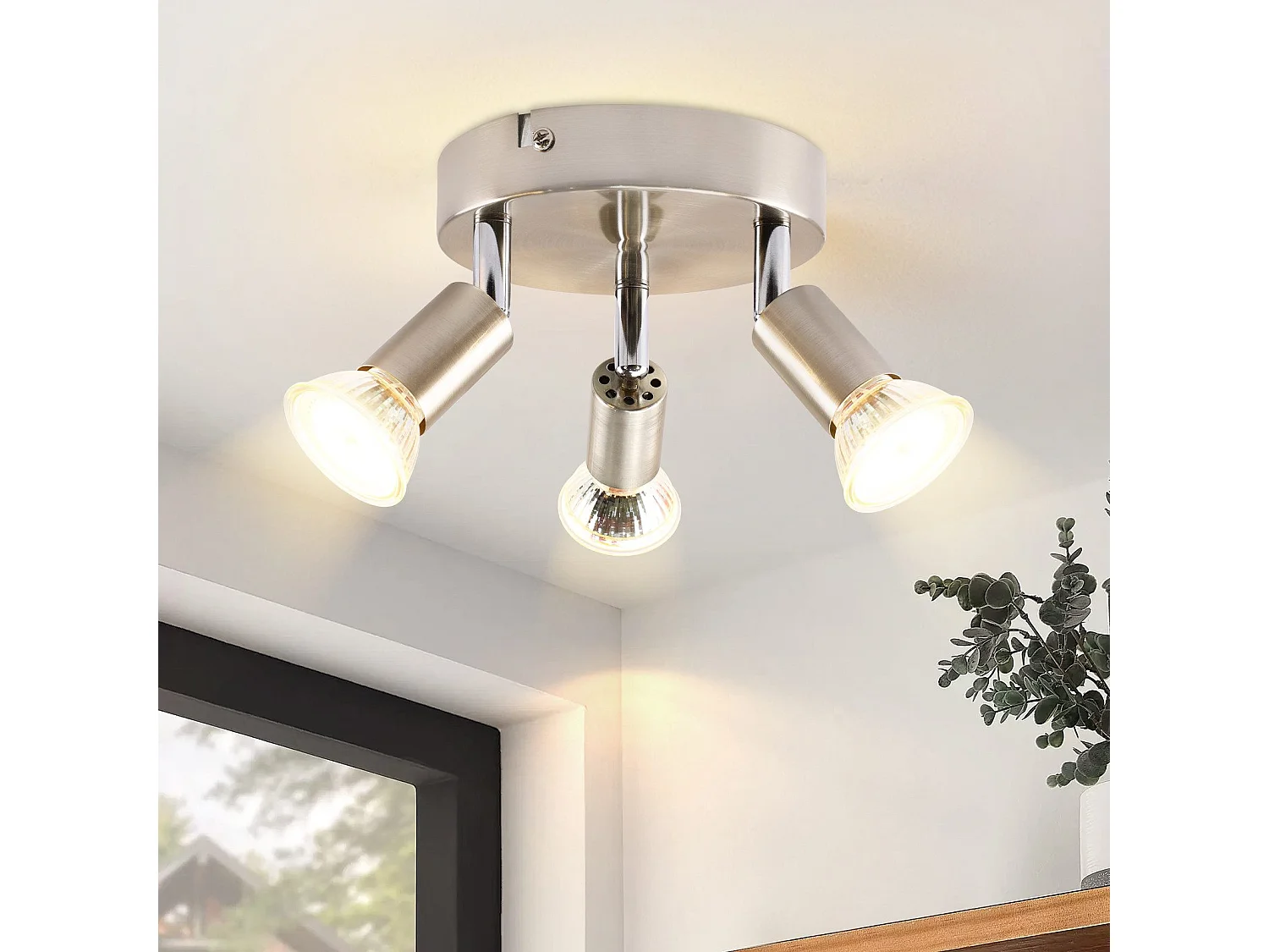 NETTLIFE 3 GU10 plafondspots, 350° verstelbaar in rond nikkelmetaal, moderne lamp voor woonkamer, slaapkamer, keuken, max. 3x25W