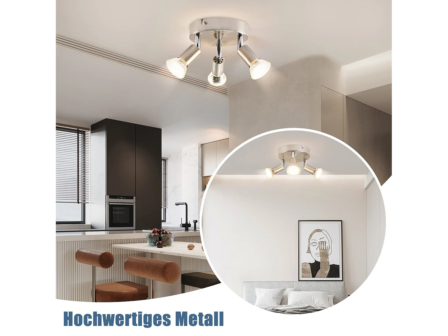NETTLIFE 3 GU10 plafondspots, 350° verstelbaar in rond nikkelmetaal, moderne lamp voor woonkamer, slaapkamer, keuken, max. 3x25W