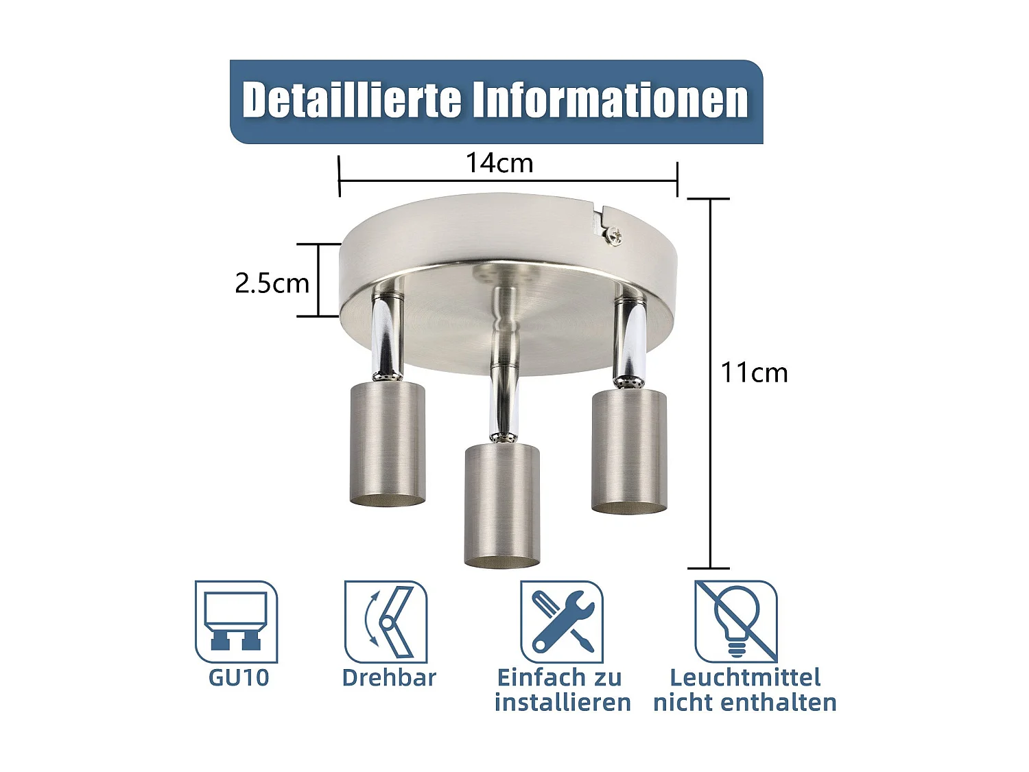 NETTLIFE 3 GU10 plafondspots, 350° verstelbaar in rond nikkelmetaal, moderne lamp voor woonkamer, slaapkamer, keuken, max. 3x25W