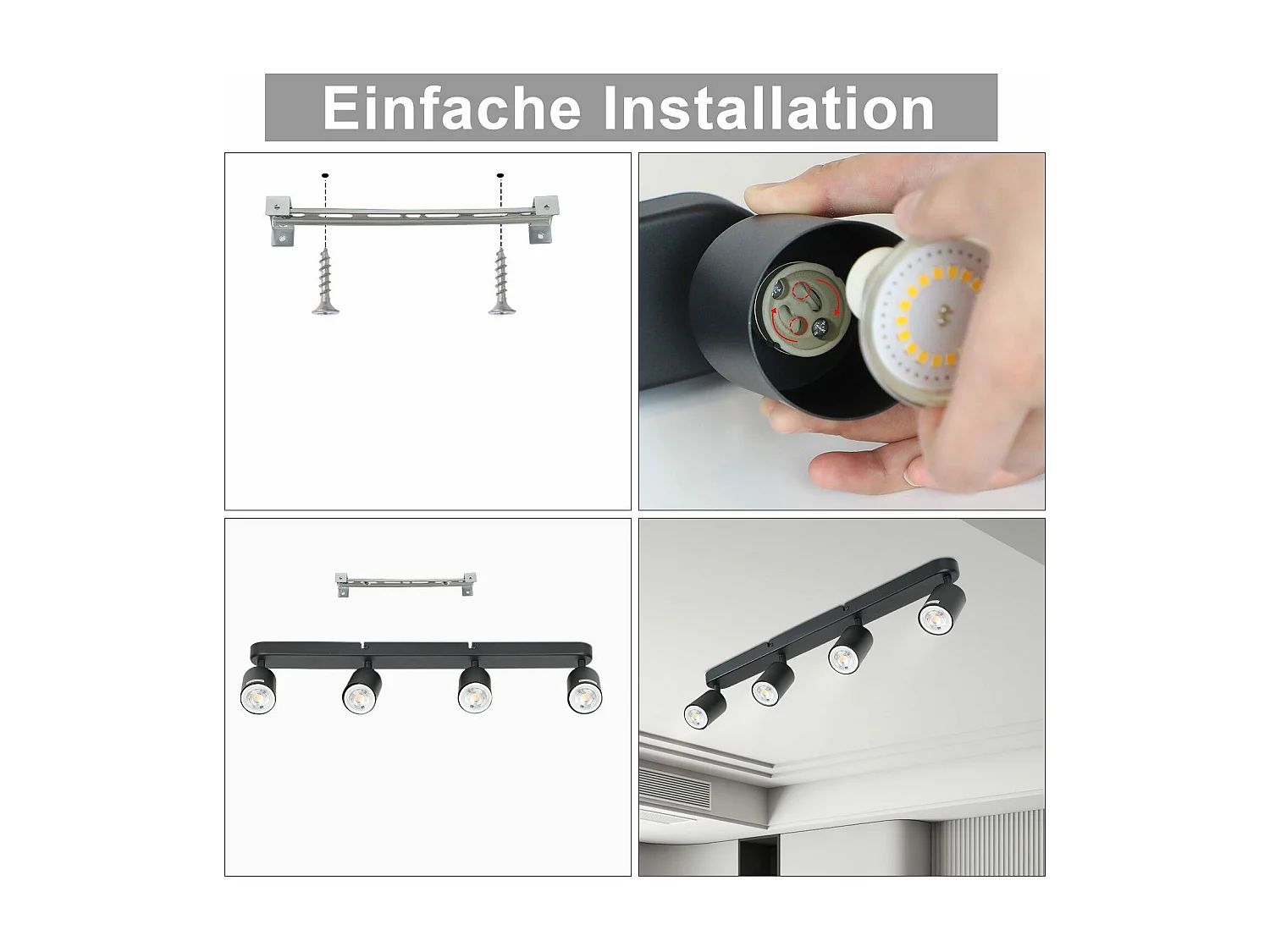 NETTLIFE Opbouwspot - plafondspot met 4 lichtpunten - Plafondlamp - zwart opbouwspots - L 58 cm - draaibar - kantelbaar - GU10 fitting - plafoniere - excl. GU10