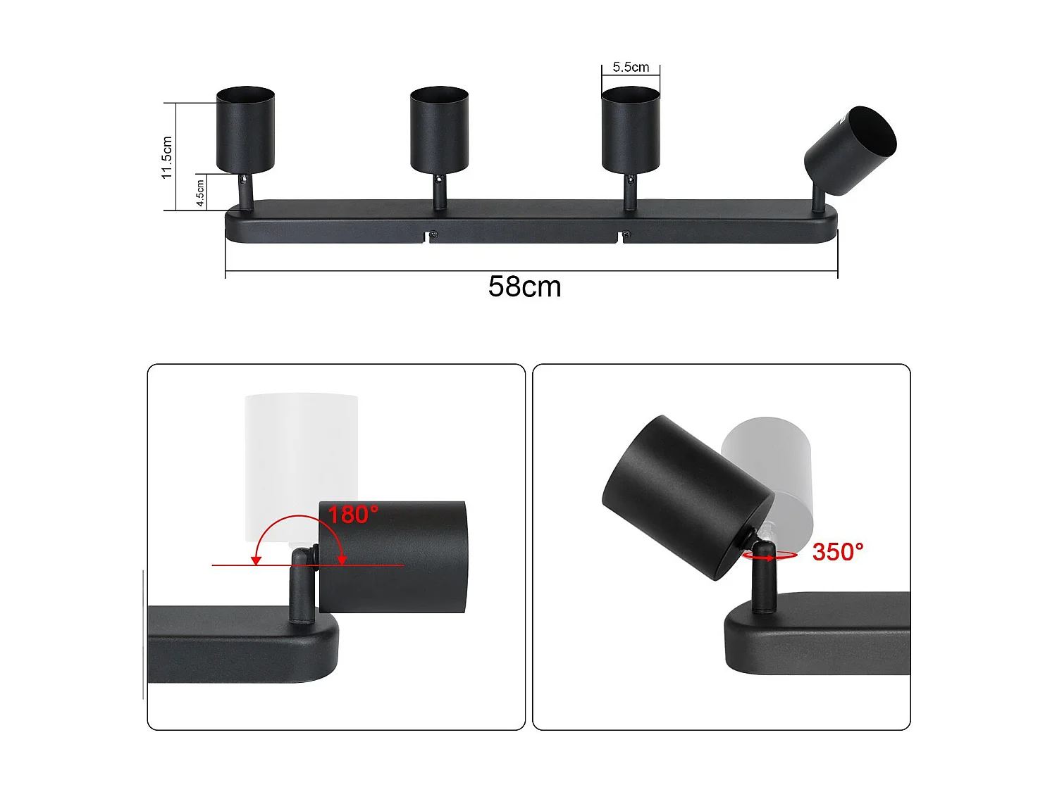 NETTLIFE 4 Spots GU10 Max.25w Plafonnier LED Noir Salon Spot Orientable à 350° pour Couloir Chambre Cuisine Salle à Manger Table à Manger