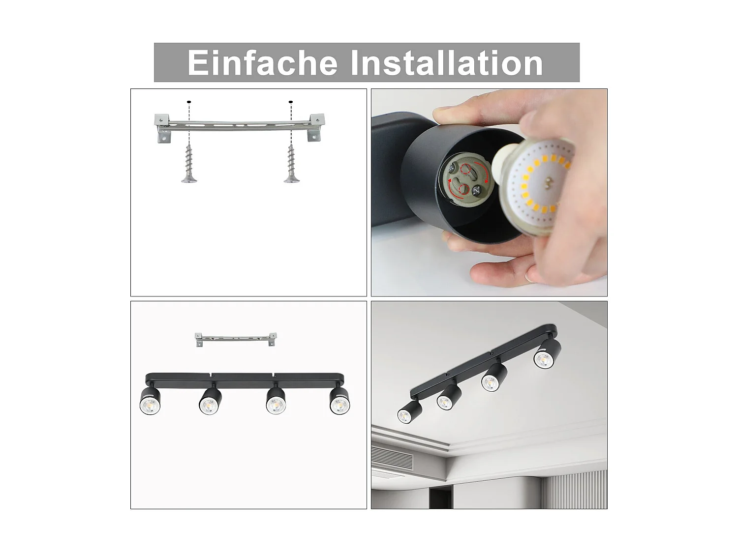 NETTLIFE 4 Spots GU10 Max.25w Plafonnier LED Noir Salon Spot Orientable à 350° pour Couloir Chambre Cuisine Salle à Manger Table à Manger