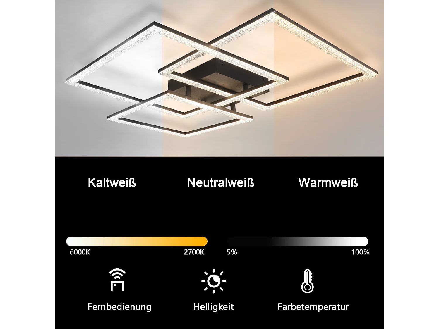 NETTLIFE Czarna lampa sufitowa LED Lampa do salonu 75 cm Możliwość przyciemniania Nowoczesna, kryształowa lampa wewnętrzna z pilotem do sypialni, biura, kuchni