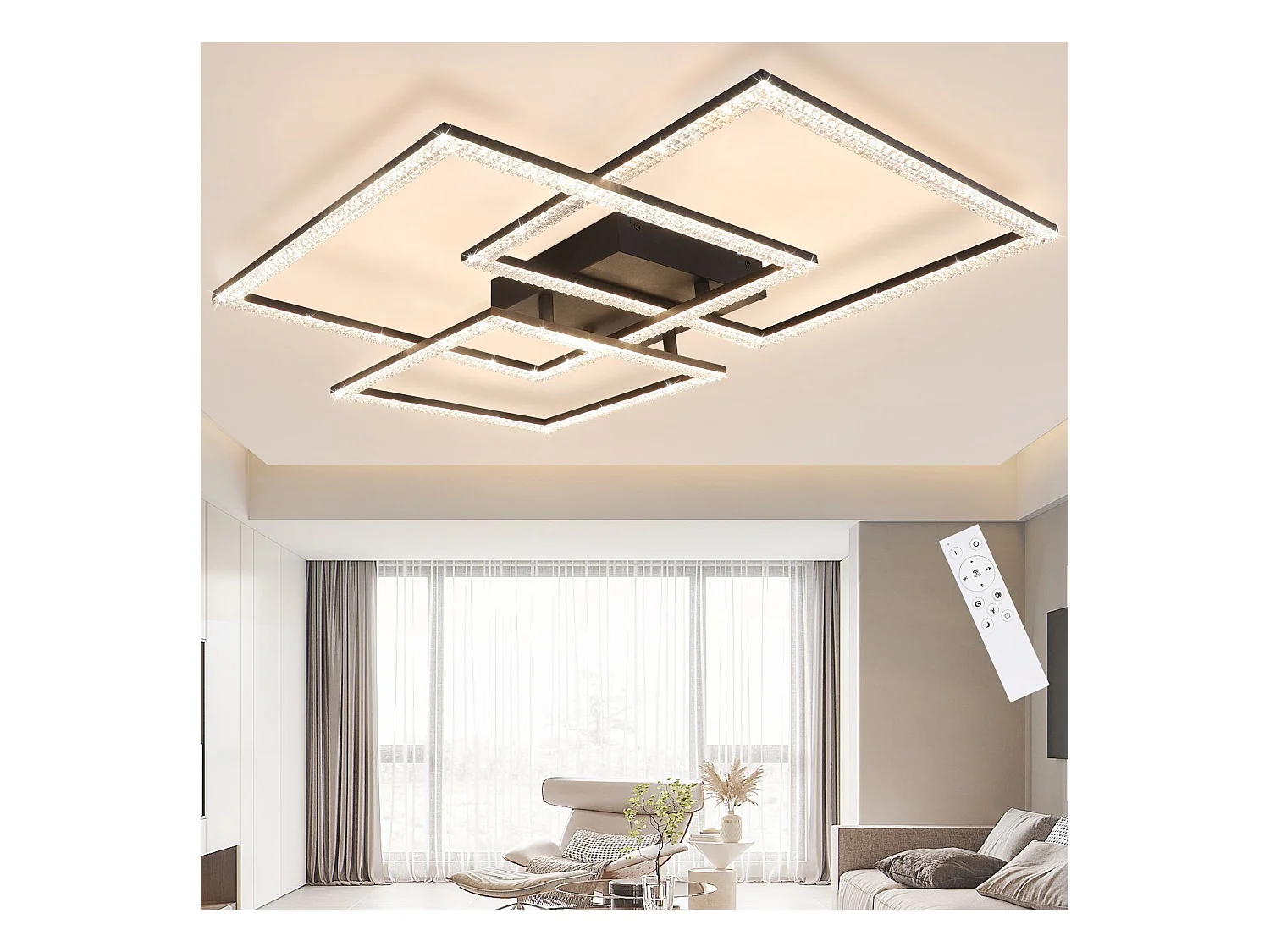 NETTLIFE Plafonnier LED Noir Lampe de Salon 75CM Dimmable Lampe d'intérieur Design Cristal Moderne avec Télécommande pour Chambre Bureau Cuisine