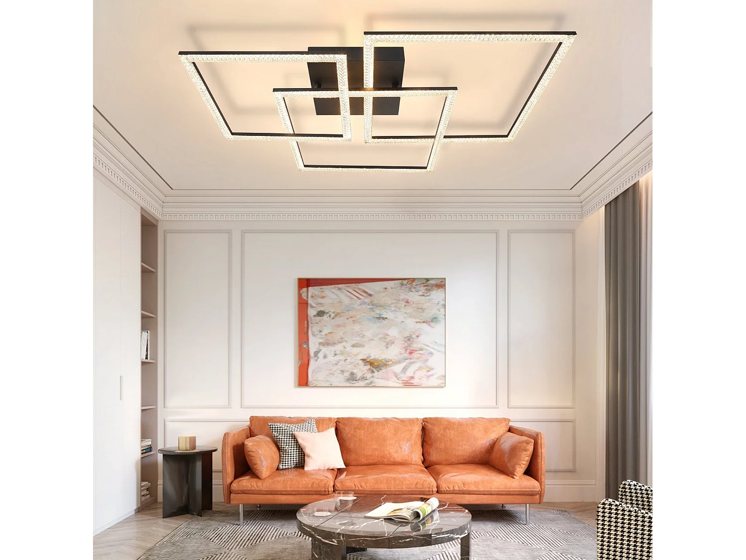 Schwarze LED Deckenleuchte 75cm Dimmbar Modernes Kristall Design Innenlampe mit Fernbedienung