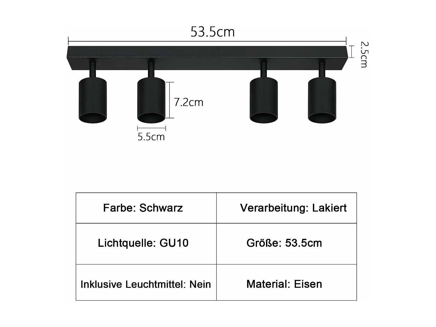 NETTLIFE Opbouwspot Plafondlamp plafondspot met 4 lichtpunten spots zwart opbouwspots L 53.5 cm draaibar kantelbaar GU10 fitting plafoniere excl. GU10