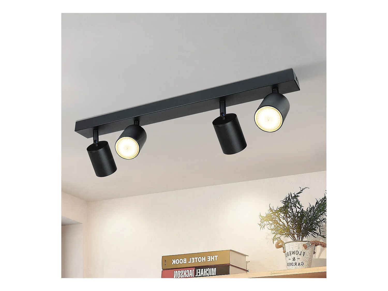 NETTLIFE Plafonnier LED 4 spots noir GU10 orientables à 350°, lampe moderne pour couloir salon chambre cuisine, style industriel, sans ampoule