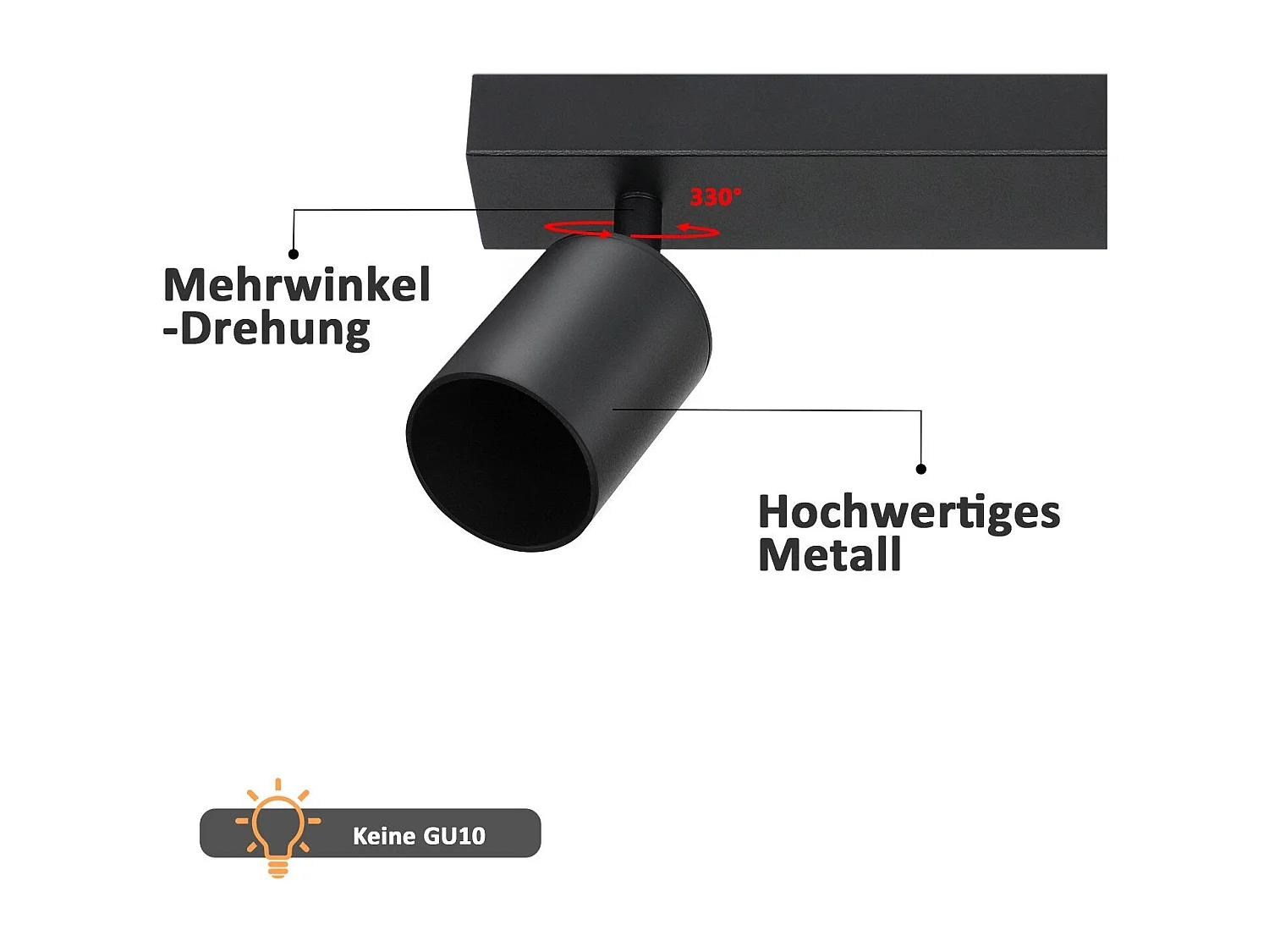 NETTLIFE Plafonnier LED 4 spots noir GU10 orientables à 350°, lampe moderne pour couloir salon chambre cuisine, style industriel, sans ampoule