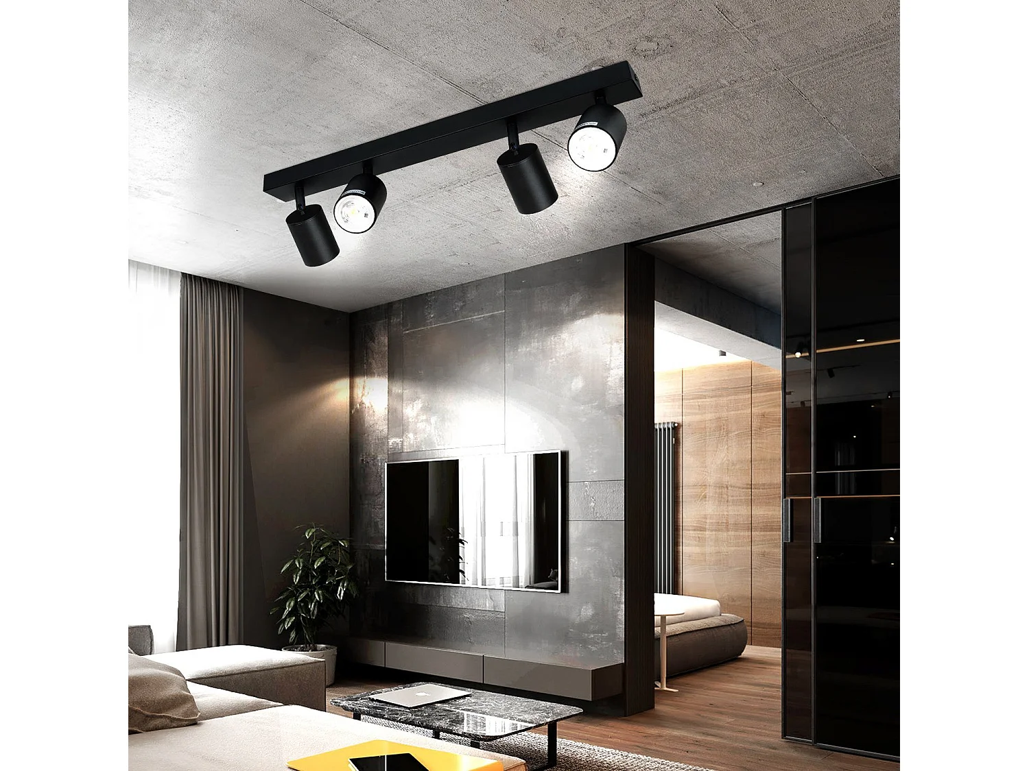 NETTLIFE Plafonnier LED 4 spots noir GU10 orientables à 350°, lampe moderne pour couloir salon chambre cuisine, style industriel, sans ampoule