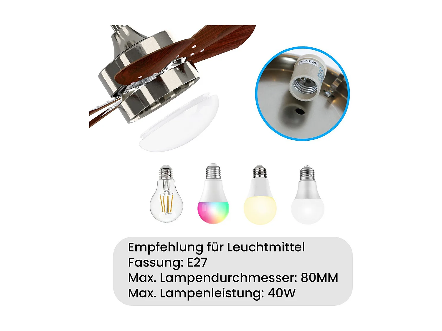 NETTLIFE Ventilateur de plafond  avec éclairage, télécommande, silencieux, avec minuterie, 6 pales, pour chambre à coucher