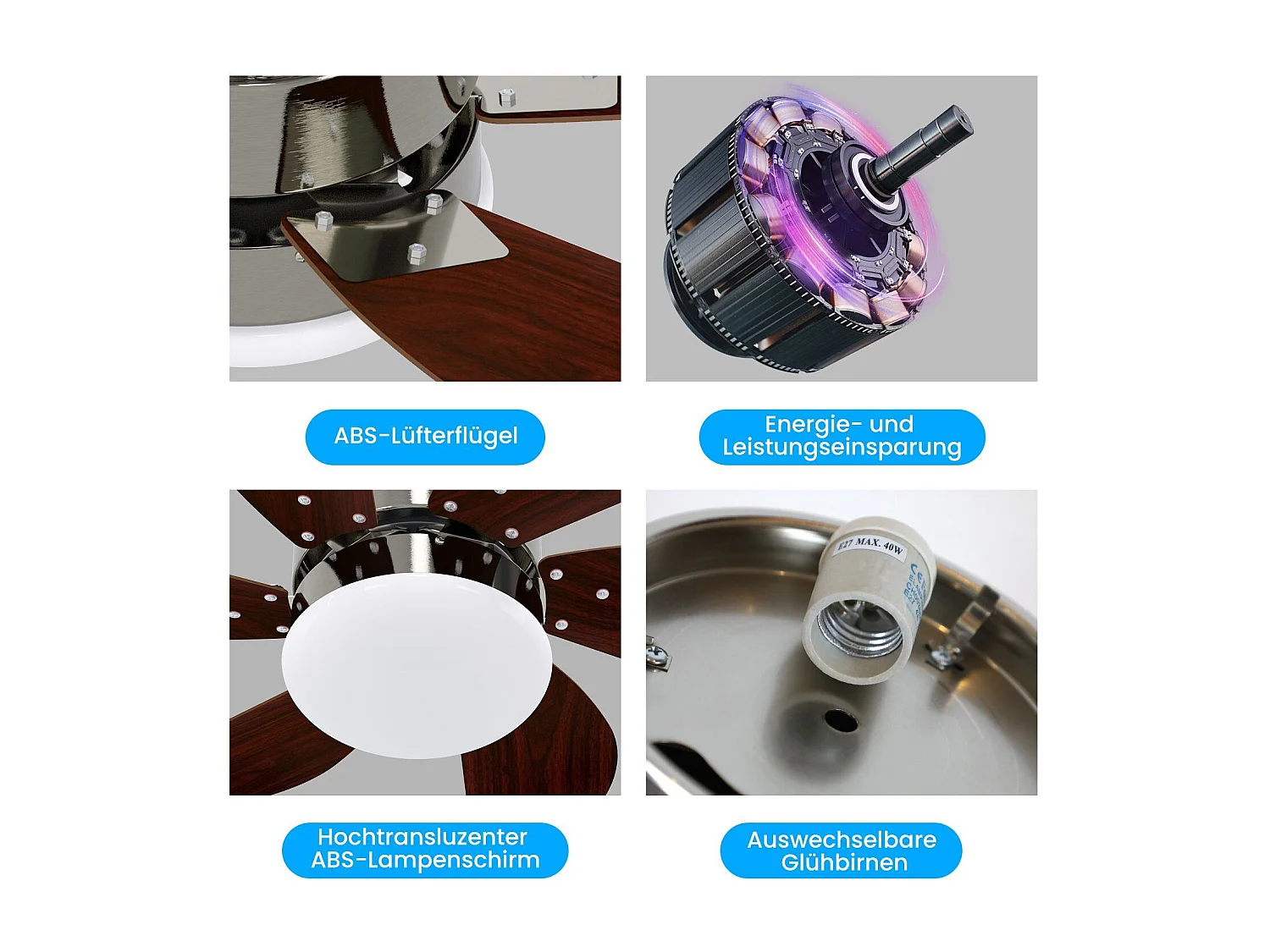 NETTLIFE Ventilateur de plafond  avec éclairage, télécommande, silencieux, avec minuterie, 6 pales, pour chambre à coucher