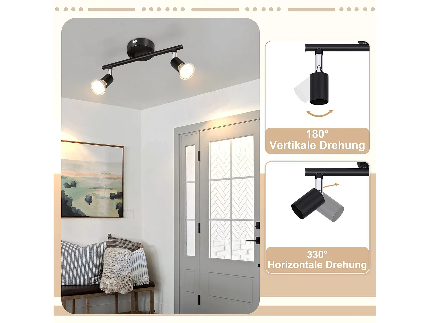 NETTLIFE 2er LED Deckenstrahler Schwarz 330° Drehbar GU10 Wall Washer für Flur Schlafzimmer Wohnzimmer