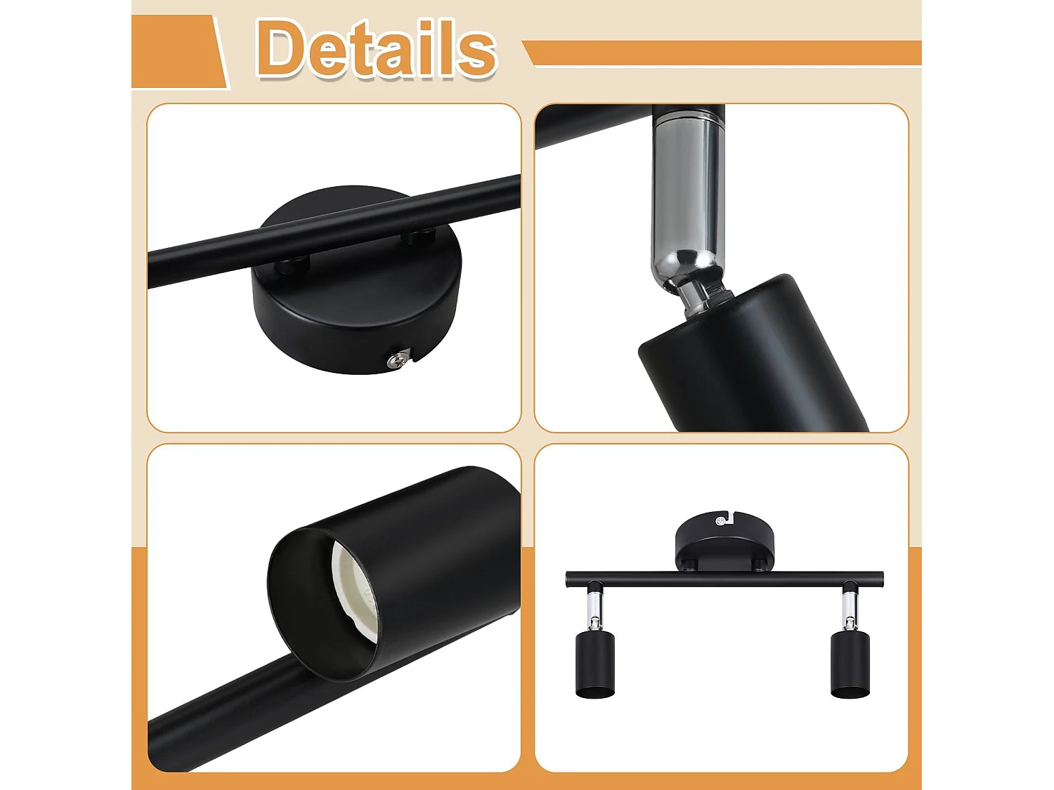 NETTLIFE 2 spots de plafond plafonnier noir LED pivotants à 330° GU10, faisceau mural pour couloir chambre salon