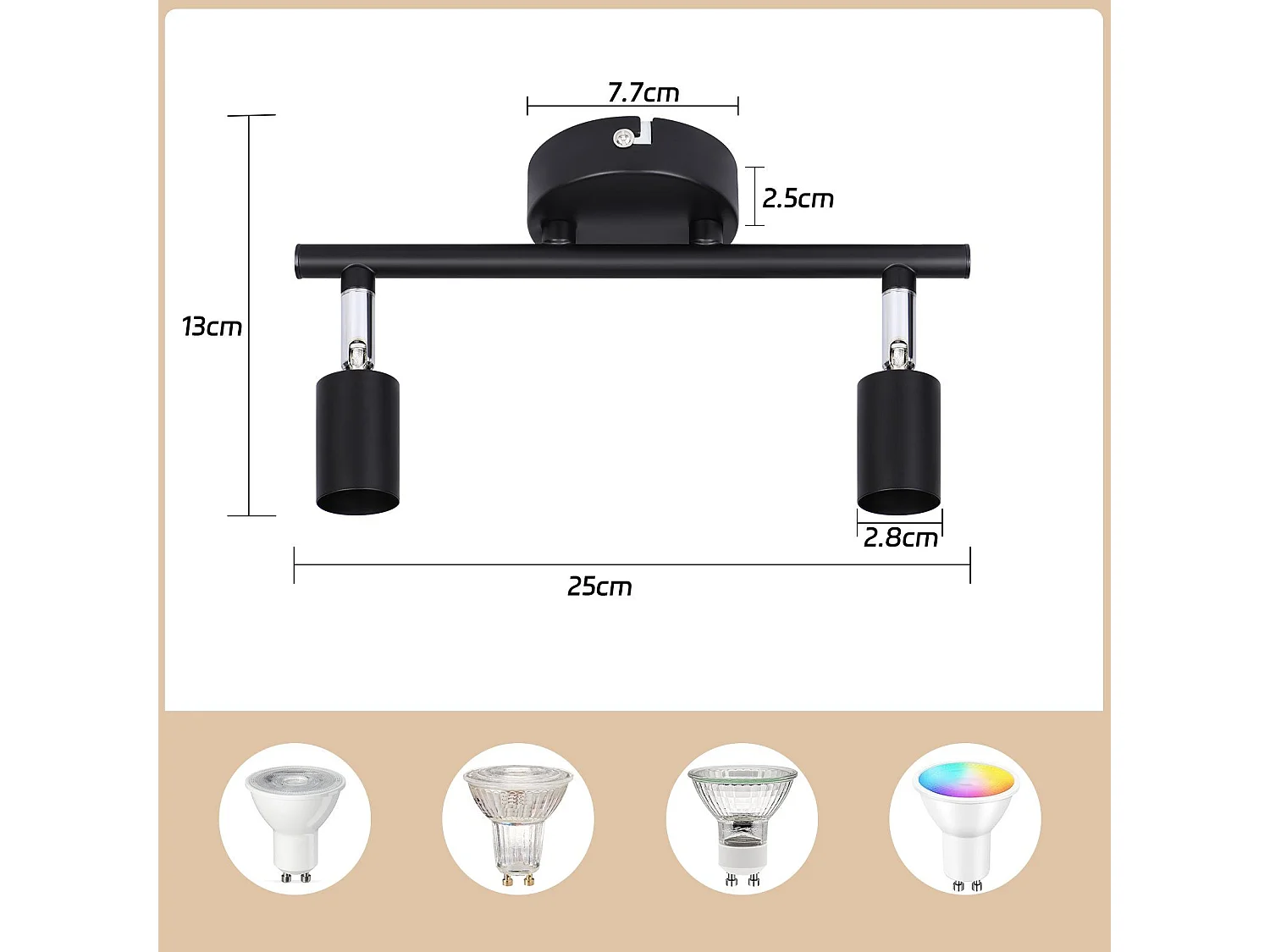 NETTLIFE 2 spots de plafond plafonnier noir LED pivotants à 330° GU10, faisceau mural pour couloir chambre salon