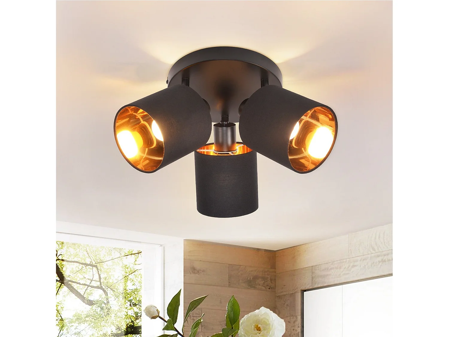 NETTLIFE Opbouwspot 3-lichts zwart rond E14 Fitting met Stof Lampkap 350° draaibar Plafondspot Vintage Keukenlamp Max. 25W