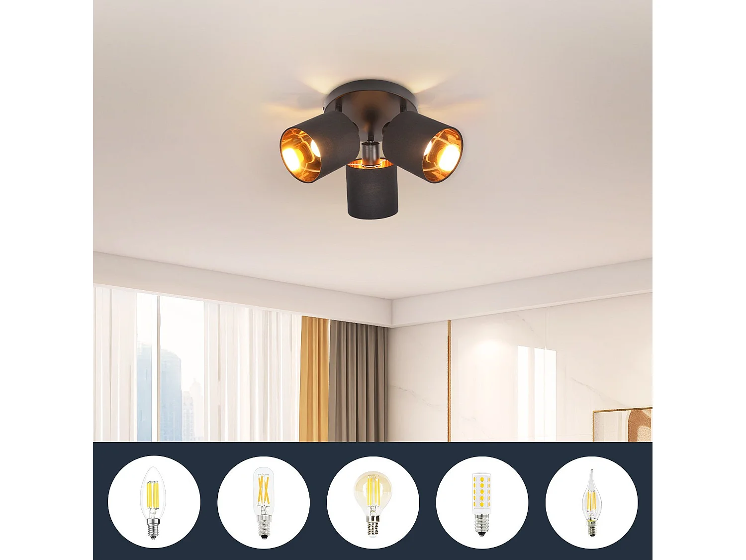 NETTLIFE Opbouwspot 3-lichts zwart rond E14 Fitting met Stof Lampkap 350° draaibar Plafondspot Vintage Keukenlamp Max. 25W