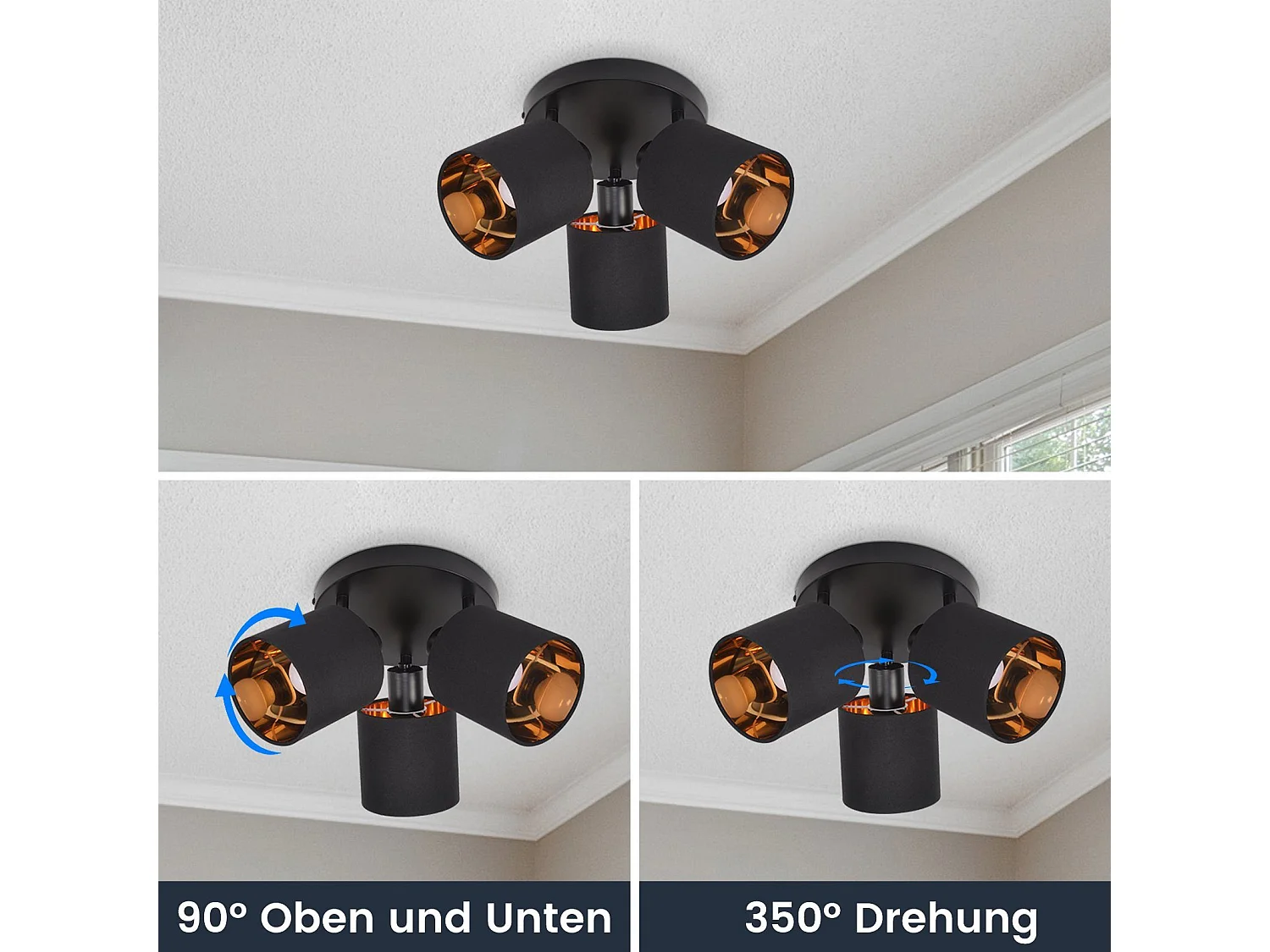 NETTLIFE Opbouwspot 3-lichts zwart rond E14 Fitting met Stof Lampkap 350° draaibar Plafondspot Vintage Keukenlamp Max. 25W