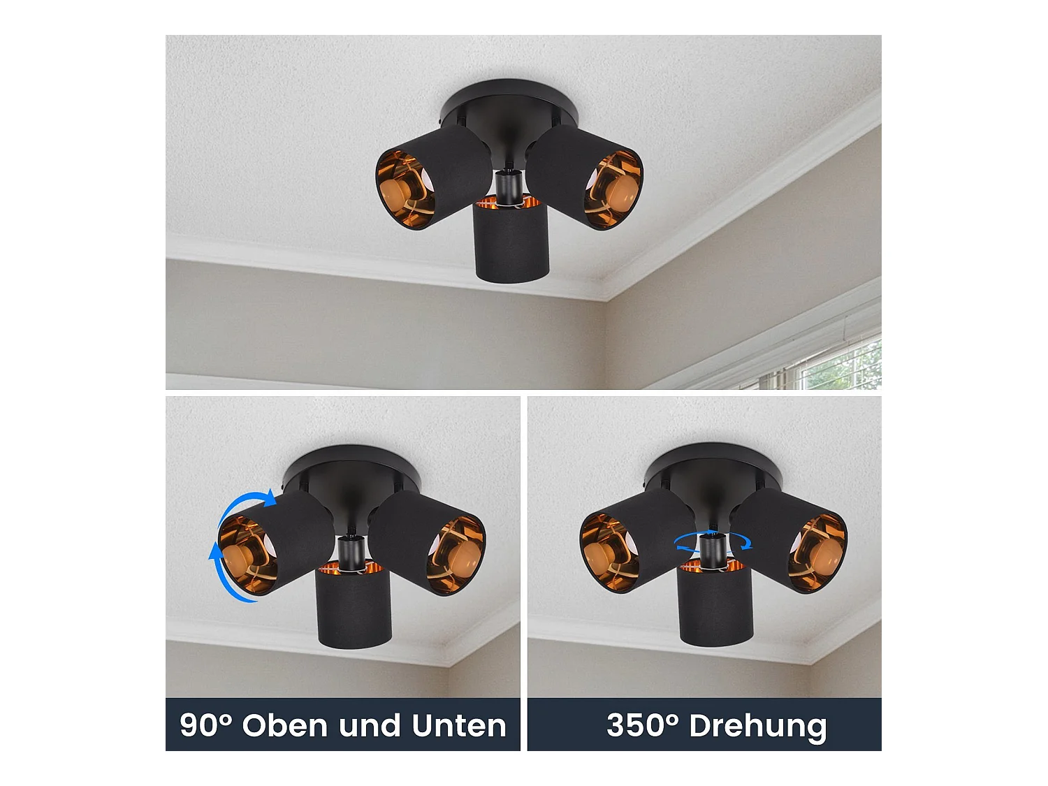 NETTLIFE Opbouwspot 3-lichts zwart rond E14 Fitting met Stof Lampkap 350° draaibar Plafondspot Vintage Keukenlamp Max. 25W