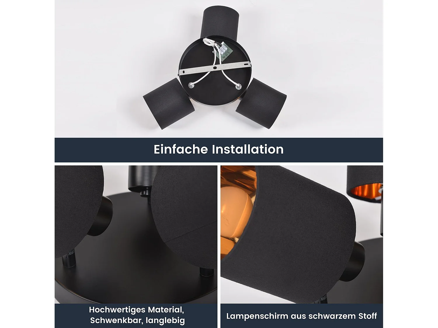 NETTLIFE 3 Spots de Plafond Noir Vintage E14 Pivotants à 350° MAX.25W avec Écran en Tissu pour Salon Chambre Cuisine Couloir (sans ampoule)