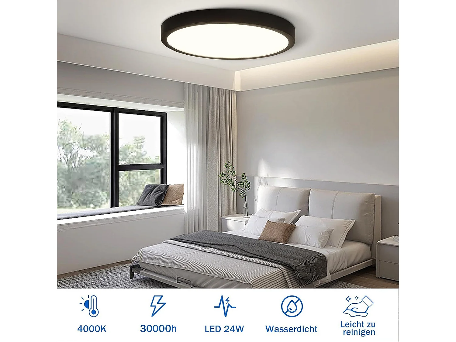 NETTLIFE Plafondlamp LED - 23cm - Zwart - rond - 4000K Neutraal wit Licht - Modern Plafondverlichting - voor Badkamer | Slaapkamer | Woonkamer | Keuken- 24W