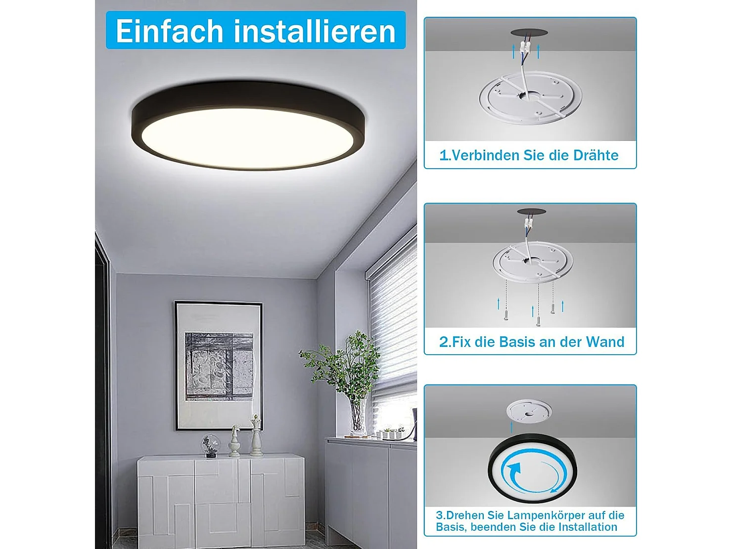 NETTLIFE Plafondlamp LED - 23cm - Zwart - rond - 4000K Neutraal wit Licht - Modern Plafondverlichting - voor Badkamer | Slaapkamer | Woonkamer | Keuken- 24W