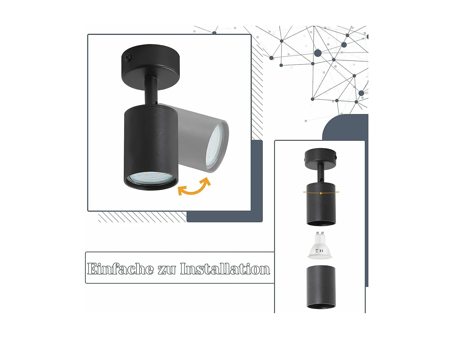 NETTLIFE Spot LED Noir GU10 330°Pivotant Lampe de Couloir Moderne Applique Murale Industrielle pour Salon Chambre Cuisine