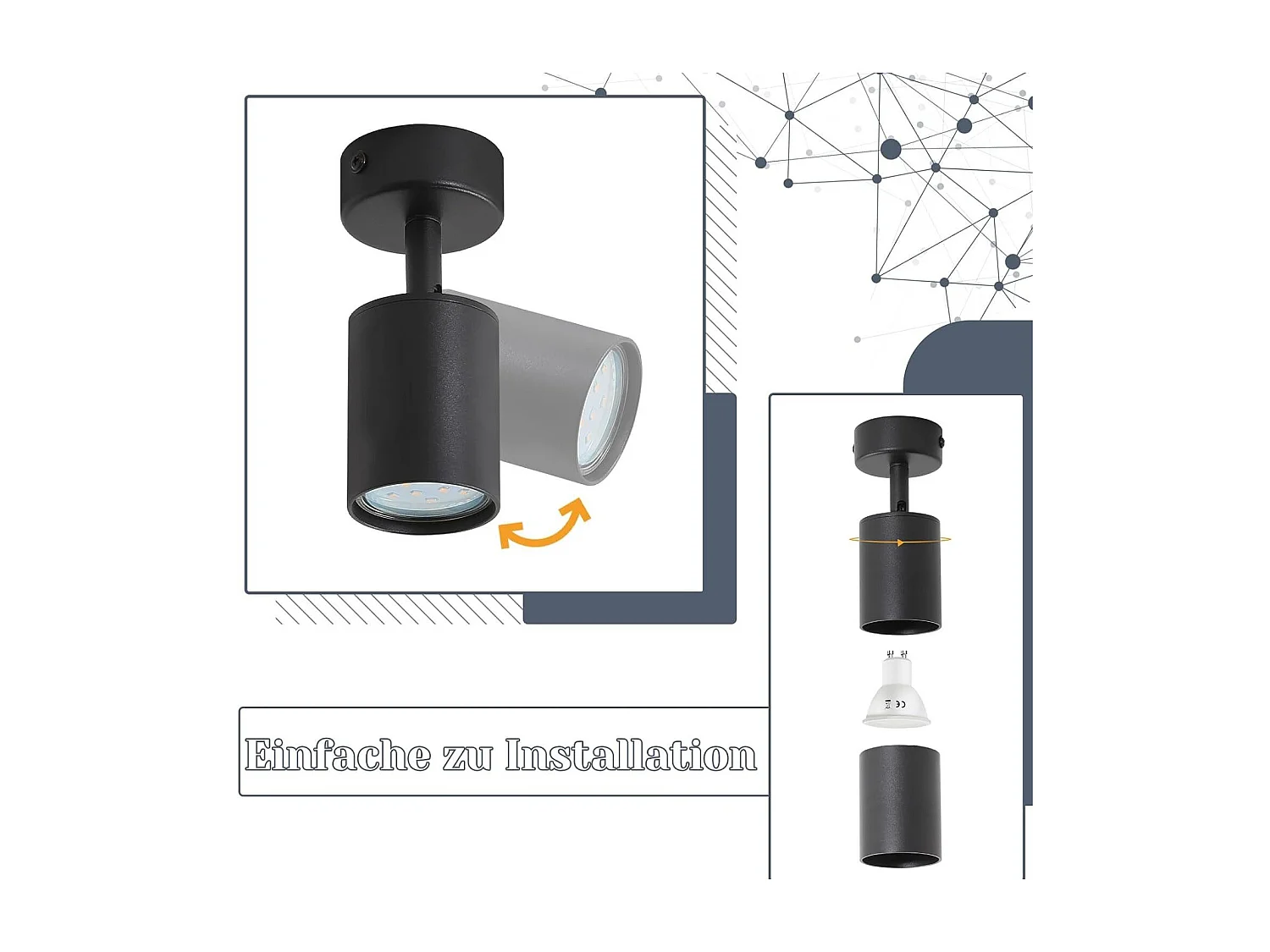 NETTLIFE Spot LED Noir GU10 330°Pivotant Lampe de Couloir Moderne Applique Murale Industrielle pour Salon Chambre Cuisine