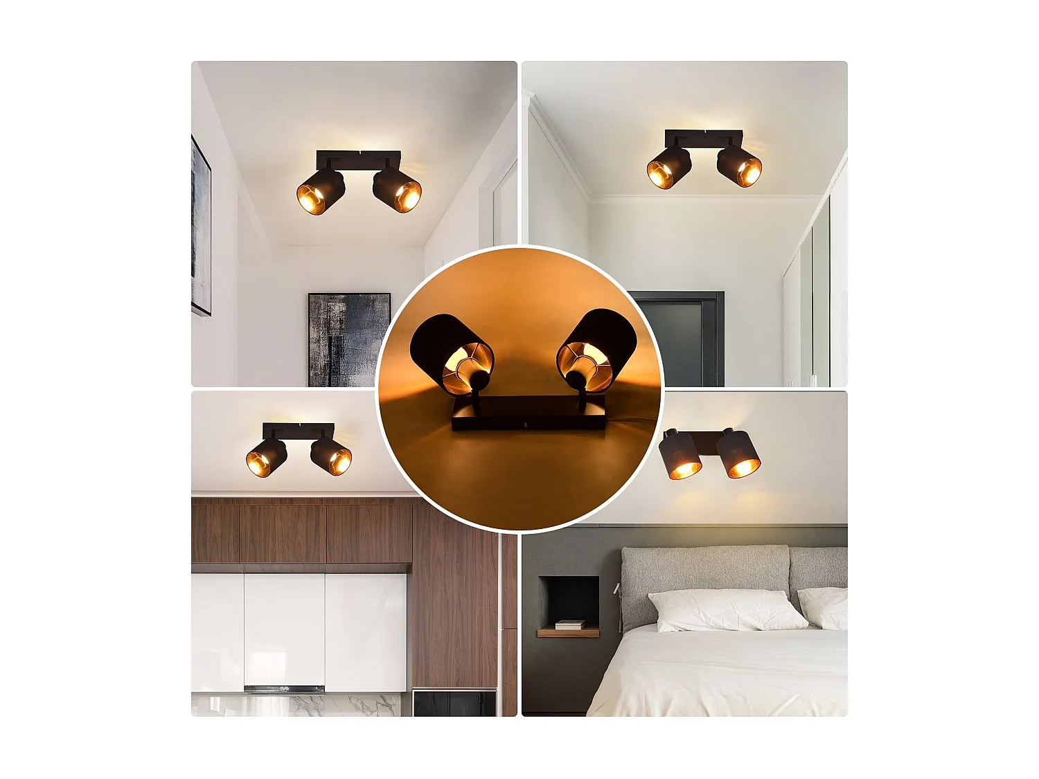 NETTLIFE 2 Vintage Schwarz Deckenstrahler E14 350° Drehbar mit Stoffschirm für Wohnzimmer Schlafzimmer Küche, Ohne Leuchtmittel