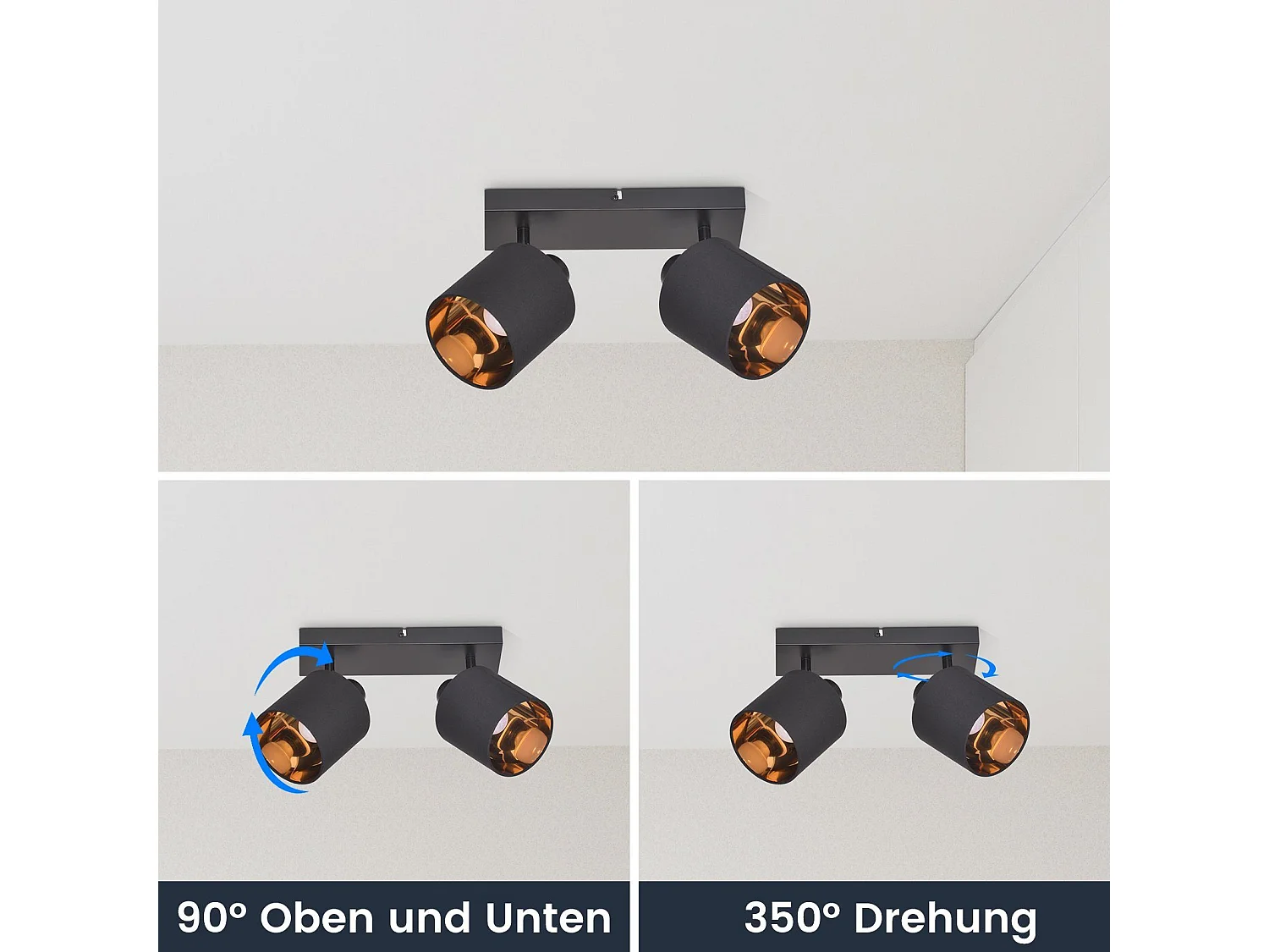 NETTLIFE 2 Vintage Schwarz Deckenstrahler E14 350° Drehbar mit Stoffschirm für Wohnzimmer Schlafzimmer Küche, Ohne Leuchtmittel