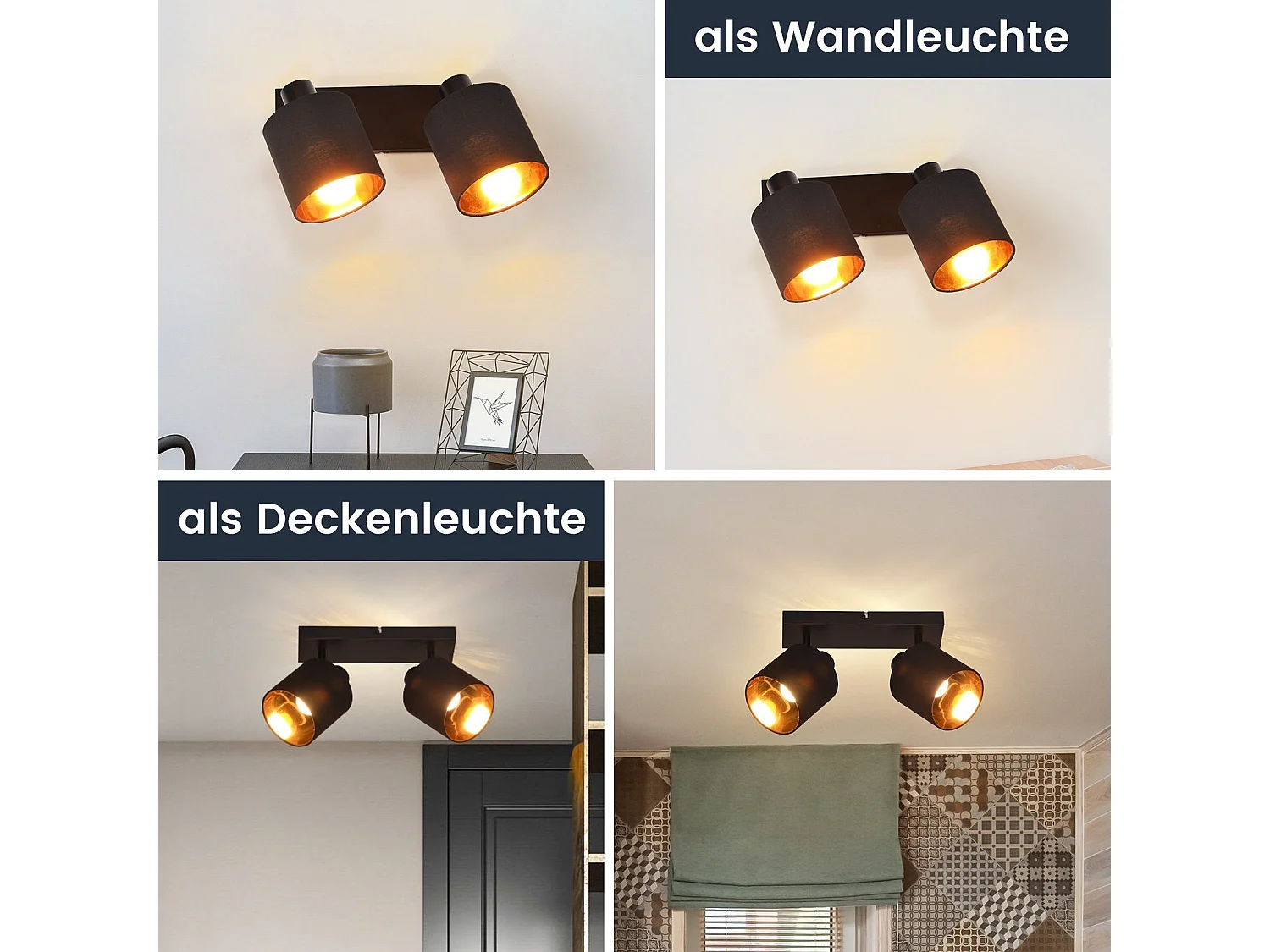 NETTLIFE 2 Vintage Schwarz Deckenstrahler E14 350° Drehbar mit Stoffschirm für Wohnzimmer Schlafzimmer Küche, Ohne Leuchtmittel