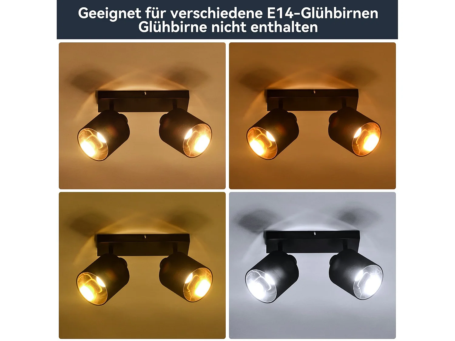 NETTLIFE 2 Vintage Schwarz Deckenstrahler E14 350° Drehbar mit Stoffschirm für Wohnzimmer Schlafzimmer Küche, Ohne Leuchtmittel