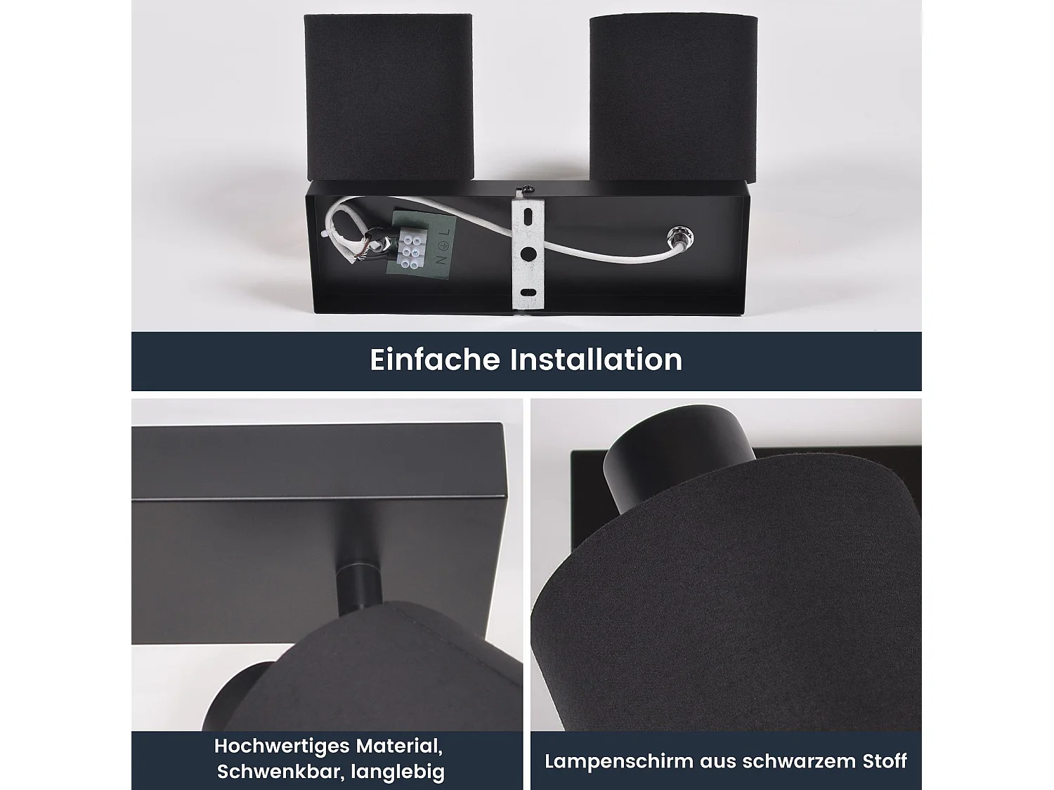 NETTLIFE 2 Vintage Schwarz Deckenstrahler E14 350° Drehbar mit Stoffschirm für Wohnzimmer Schlafzimmer Küche, Ohne Leuchtmittel