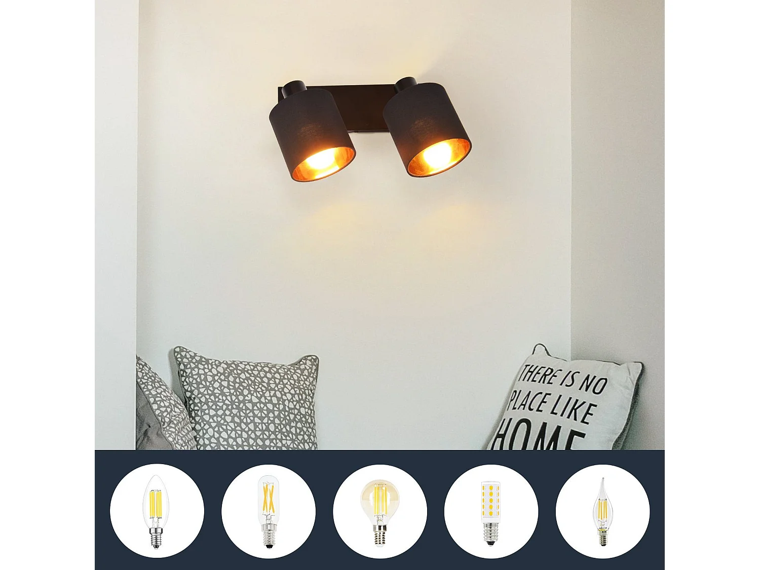 NETTLIFE 2 Spots de Plafond Noir Vintage E14 Pivotants à 350° avec Écran en Tissu pour Salon Chambre Cuisine, sans Ampoule