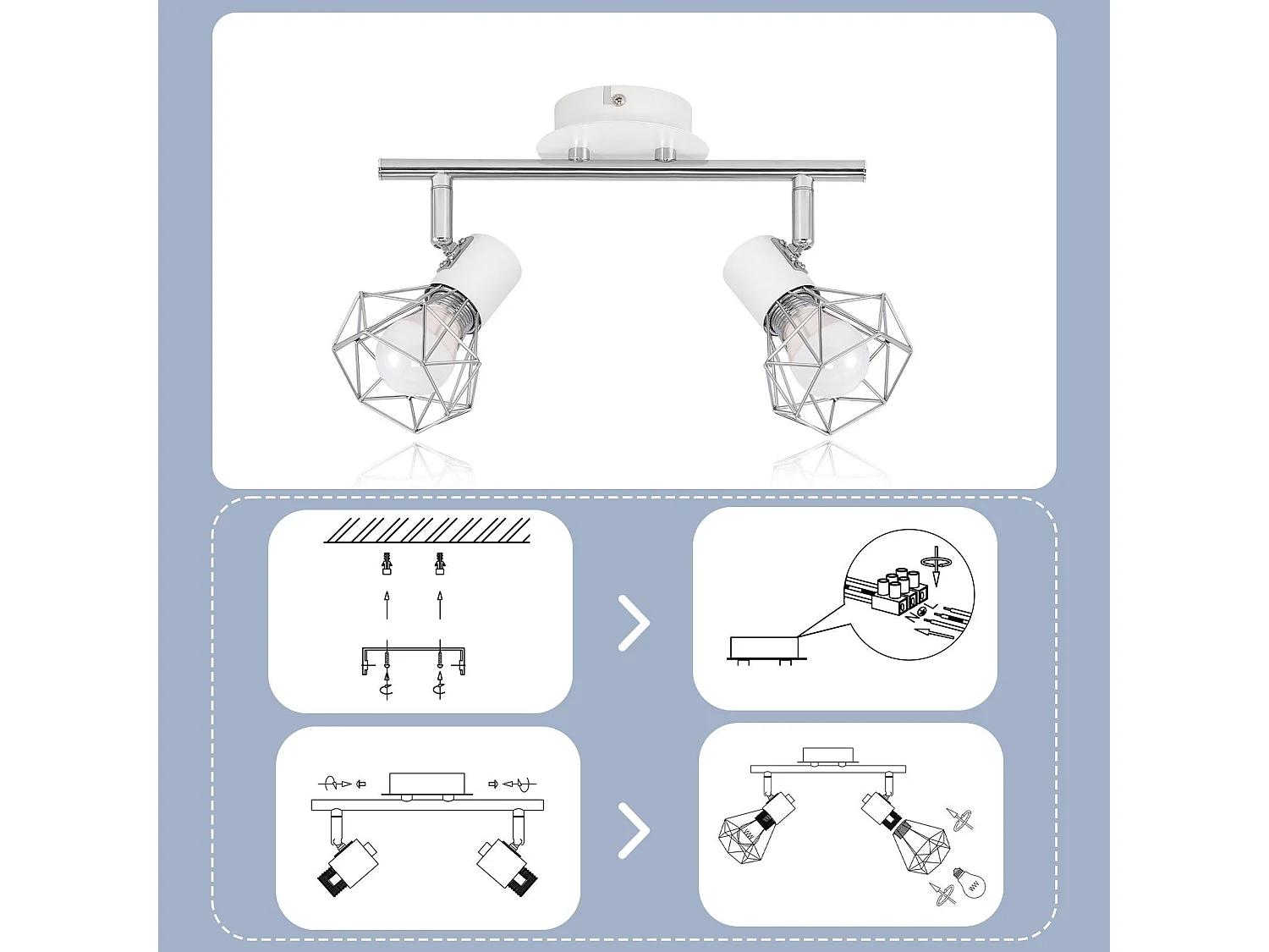 NETTLIFE 2 Spots de Plafond Pivotantes Intérieur Blanc Industriel en Métal E14 Réglable à 350° pour Bureau Vestiaire Couloir Salle de Bain